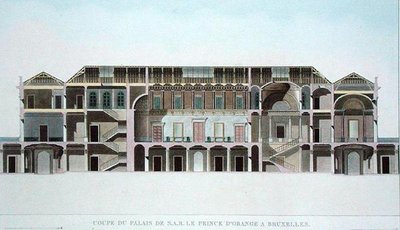 Querschnitt des Palastes des Prinzen von Oranien, Brüssel, aus Choix des Monuments, Edifices et Maisons les plus remarquables du Royaume des Pays-Bas von Pierre Jacques Goetghebuer, veröffentlicht 1827 von Pierre Jacques Goetghebuer